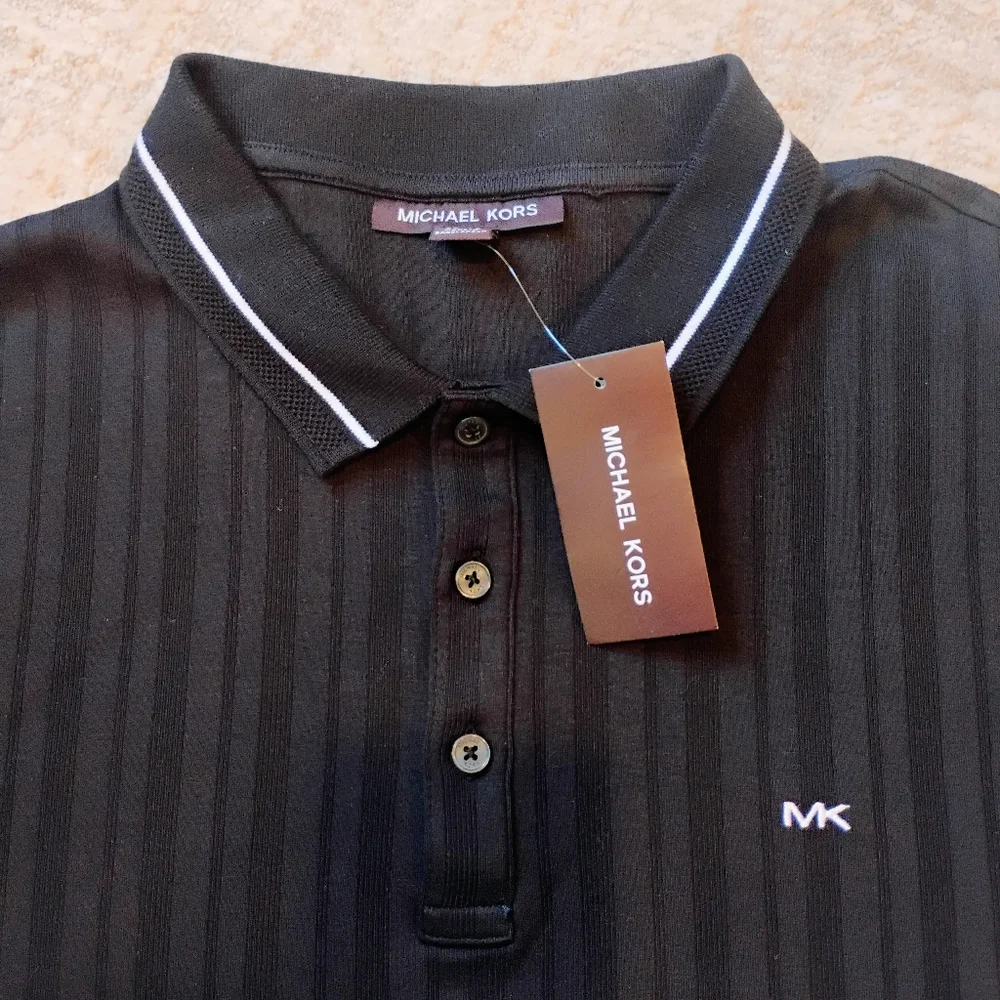 NWT XL Michael Kors Black Tone-on-tone Vertical Textured Stripe Knit Polo Shirt - Picture 3 of 8